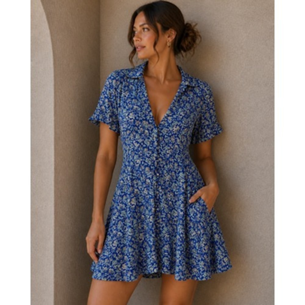Free People Shirt Dress Womens 4 Blue Floral Button Front Fit Flare Collared